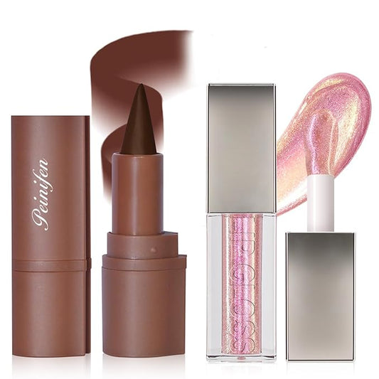Glitter 2 in 1 Lip Liner and Chameleon Lip Gloss Combo, Gradient Dark Brown Lipstick Plumping Lip Pencil Sparkly Liquid Lip Stain Set, Moisturizing Smooth High Shine Lip Combo Lip Makeup