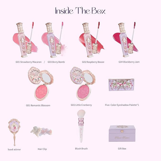 Flower Knows Violet Strawberry Rococo All-In Gift Set,11 Pack Makeup Box with Mirror,Lip Gloss×4+Blush×2+Eyeshadow Palette+Blush Brush×1+Handheld mirror×1+Hair Clip×1+Gift Box×1
