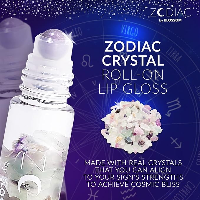 Blossom Lip Gloss Zodiac Sign Vanilla Scented Roll-On Lip Gloss, Moisturizing + Hydrating with Zodiac Crystals, Made in USA, 0.20oz, Virgo