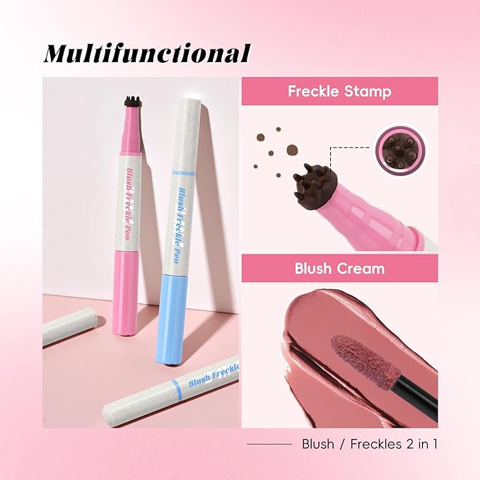 2 Colors Freckle Blush Pen for Lifelike Faux Freckle, Waterproof Freckle Stamp&Blusher 2 in 1 for Natural Sunkissed Makeup, Fake Freckles Stain Marker with Puff
