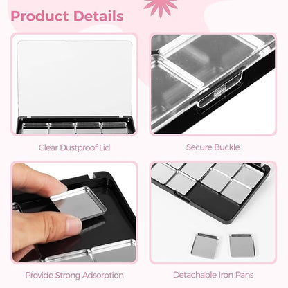 4 Pcs Adsorptive Makeup Palettes, Empty Eyeshadow Organizer with Clear Lid, 10 Grids Eyeshadow Tray with Removable Square Metal Pans for Lipstick Blush Powder (Not Included Eyeshadow Powder)