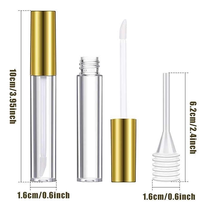Patelai 40 Pieces Empty Lip Gloss Tubes Containers Clear Lip Balm Bottle with Rubber Stopper and 2 Pieces Funnels for Women DIY Makeup Lip Samples(10 ml,Gold)