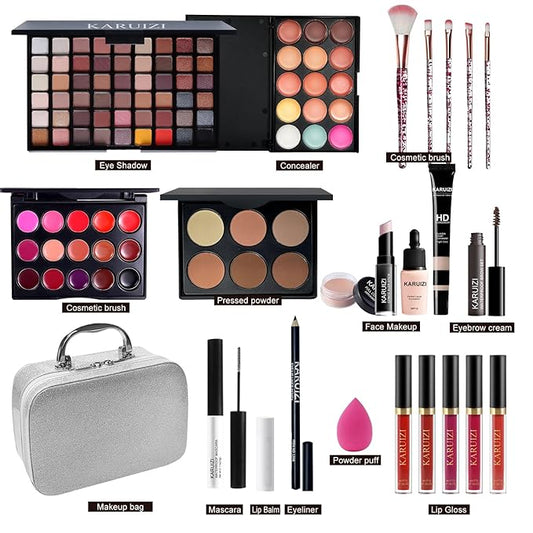 All in One Makeup Kit,Makeup Kit for Women, Teens and Girls, All-in-One Set with Eyeshadow Palettes, Lipsticks, Brushes, Storage Bag,Makeup gift set girls makeup sets ages 8-12 (Silver)