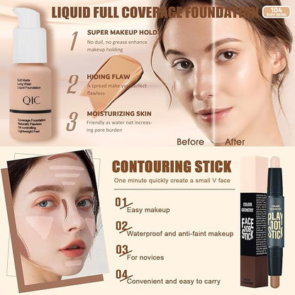 All in One Makeup Kit for Women Full Kit, 12 Colors Eyeshadow, Foundation & Primer, CC Cream, Lipsticks, Mascara, Makeup Brush & Sponge, Brow Pencil & Soap, Eyeliner, Contour Stick, Cosmetics Bag