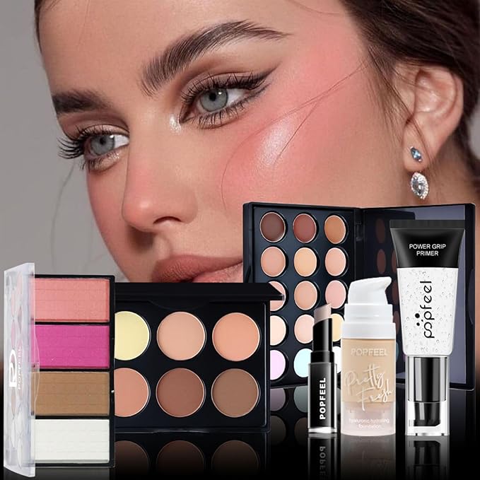 All in One Makeup Kit for Women Full Kit Girls Makeup Gift Sets Xmas Essential Bundle Include Eyeshadow Palette Lipstick Blush Concealer Eyeliner Mascara Foundation Brush Eyebrow Pencil