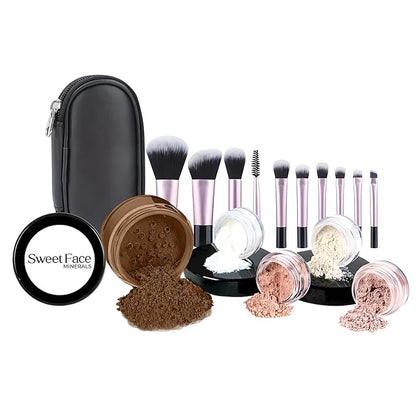 16pc STARTER KIT with 10 BRUSHES SET (EBONY) Mineral Makeup Bare Face Loose Powder Includes Matte Foundation, Veil Primer, Blush, Bronzer, Translucent Finishing Setting Powder SPF 30 Travel Size