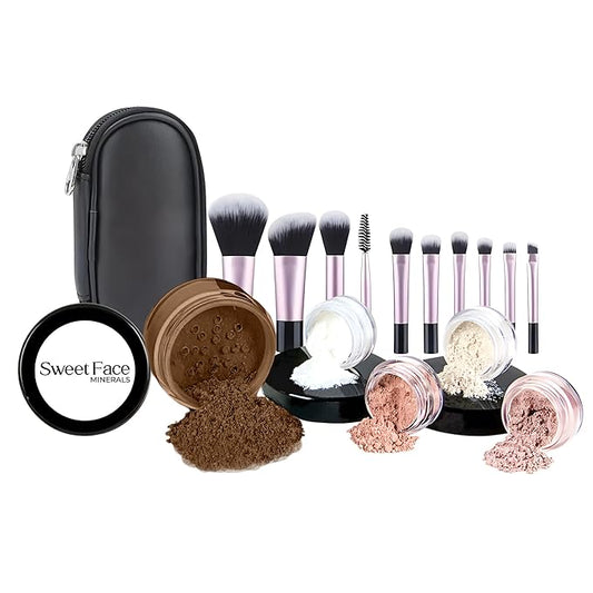 16pc STARTER KIT with 10 BRUSHES SET (EBONY) Mineral Makeup Bare Face Loose Powder Includes Matte Foundation, Veil Primer, Blush, Bronzer, Translucent Finishing Setting Powder SPF 30 Travel Size