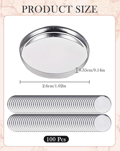 EORTA 100 Pcs Empty Round Metal Tins Palette Pans Silver Mini Aluminum Plate for Paint Eyeshadow Palette Makeup, Diameter 2.5cm