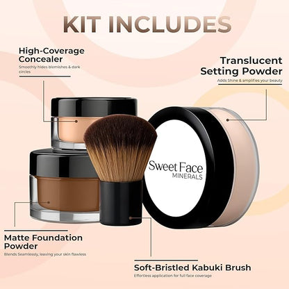 4pc Full Size Kit (Ebony Shade) Mineral Makeup Matte Translucent Loose Foundation + Kabuki Brush + Concealer + Finishing Setting Powder + Bare Face Full Coverage SPF 30 All Skin Types Waterproof