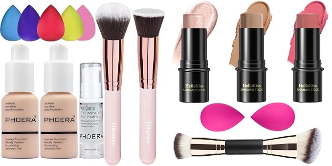 Hilareco PHOERA Foundation Makeup Set, Full Coverage Foundation Kit with Contour Stick, Blush, Bronzer & Highlighter, 3 Pcs Cream Contour Stick Makeup Kit