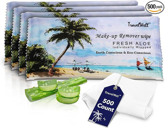 Makeup Remover Wipes Individually Wrapped Natural Fresh Aloe Travel Packs Elderly Bathing Cleansing Wipes - 500 Count per Package | Small Size Toiletries | Hotel Toiletries Bulk Set