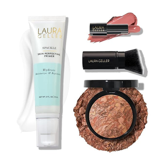 LAURA GELLER NEW YORK Effortless Essentials Kits - Cream Finish (4pc): Baked Balance-n-Brighten Foundation, Deep + Spackle Makeup Primer, Hydrate + Modern Classic Cream Lipstick, Pink Passion+Kabuki