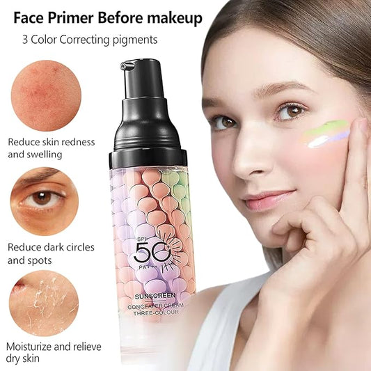 Firstfly Color Correcting Makeup Primer with SPF 50, Sunscreen 3 In 1 Moisturizer Isolation Cream, One Step Skin Tone Corrector for Dark Circles & Fine Lines, Makeup Brush Include
