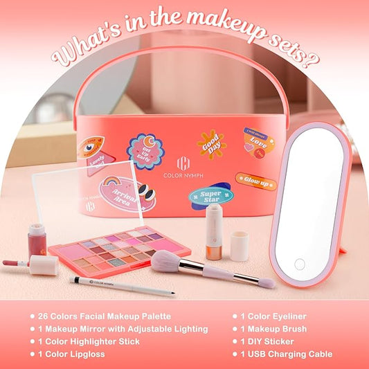 Color Nymph Makeup for Kids with LED Mirror, Travel Makeup Case with Cosmetics Kit for Beginners, Non-Toxic Make Up Set with 26-Color Face Palette Highlighter Lipgloss Eyeliner Brush