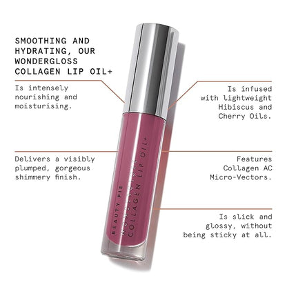 Beauty Pie Wondergloss Collagen Lip Oil + (Plum Naked) – Hydrating, Plumping, Non-Sticky Gloss with Collagen AC Micro-Vectors & Cherry Oils