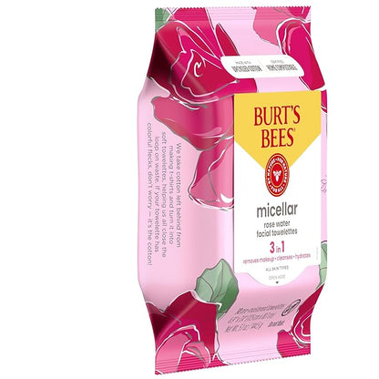 Burt's Bees, Rose Water Face Wipes, for All Skin Types, Hydrating Micellar Makeup Remover & Facial Cleansing Towelettes, 30 Count (1 Pack)