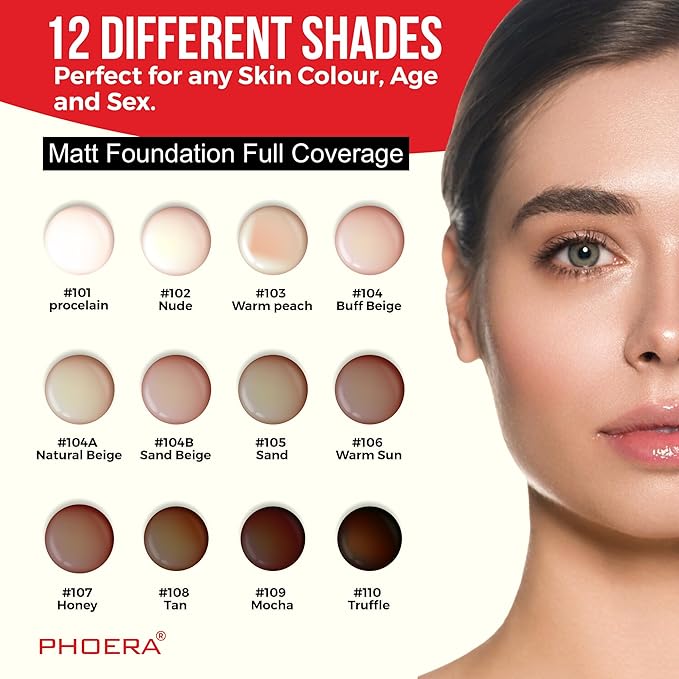 Phoera Foundation Full Coverage Makeup Set - 24hr Long Lasting Oil Control - Same Foundation Smarter Packaging (104 Buff Beige)