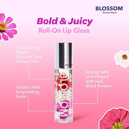 Blossom Roll on Lip Gloss, Scented Clear High Shine Moisturizing Lip Oil, Non Sticky, Infused with Real Flowers, Made in USA, 0.2oz, Strawberry/Banana