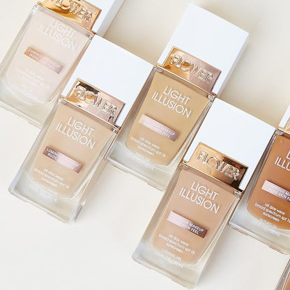FLOWER BEAUTY By Drew Barrymore Light Illusion SPF Foundation - Blendable + Buildable - Natural Finish - Lightweight Formula (Mocha)