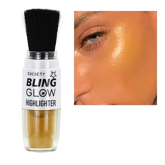 Glitter Powder Highlighter Makeup, Fairy Highlight Shimmer Body Glitter Brush Powder Brightens the Natural 3D Face Patting Powder Blusher for Brighten Face Body Lips Makeup Kit(06# Gold)