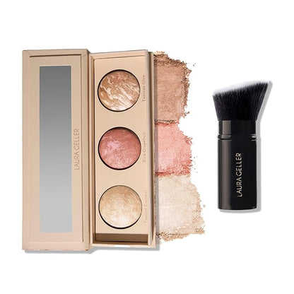 Geller's Greatest Lift-n-Glow Palette - Tahitian Glow, Pink Grapefruit, Toasted Coconut + Retractable Angled Kabuki Brush