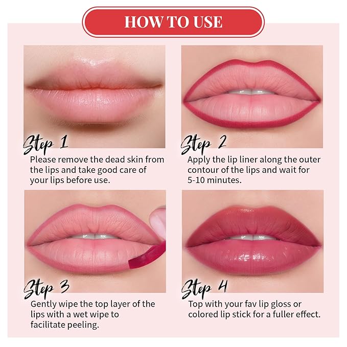 Peel Off Lip Stain Lip Liner, Long-Lasting Peel Off Lip Tint for Women Girls, Non-Stick Cup Tattoo Magic Color Tint, Waterproof Matte Lip Gloss, Highly Pigmented Peel Off Lip Liner Stain Makeup