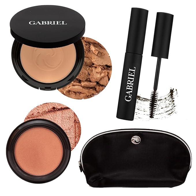 Gabriel Cosmetics About Face Set- Dual Powder Foundation (Tan Beige), 3-in-1 Multi Pot (Magnolia), Mascara (Black) and Gabriel Makeup Bag (Tan Beige Set)