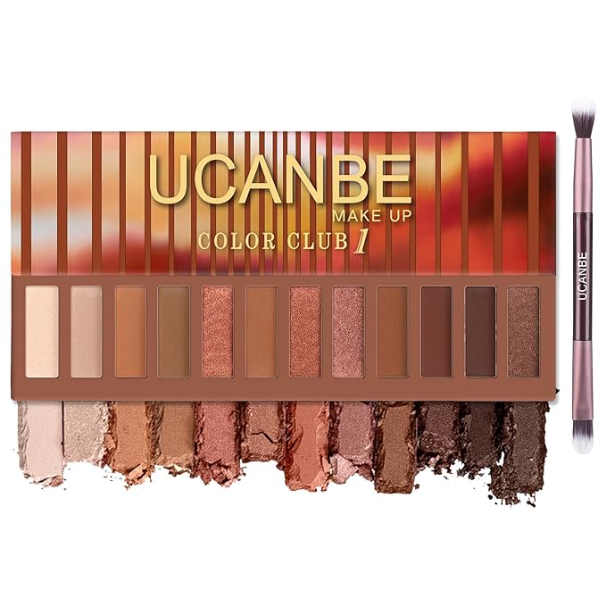UCANBE 12 Color Eyeshadow Makeup Palette, Naked Nude Eye Shadow, Neutral Matte Shimmer Make Up Pallet with Double-ended Brush Set Kit, Highly Pigmented Long Lasting Waterproof