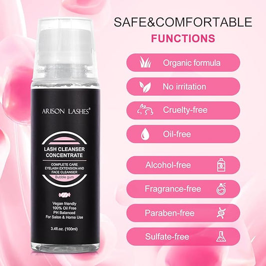 Eyelash Cleanser Concentrate 100ml Lash Extensions Shampoo Natural Foaming Cleanser DIY Non-lrritating Wash for Extensions Lashes with Salon Home Care-Makes 20 Bottles 60ml lash Shampoo (Bubble gum)