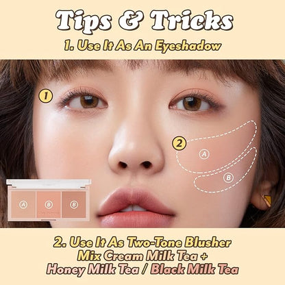 I'M MEME Blusher Palette - Afternoon Tea_Milk Tea Time | Soft Pink, Peach, Lavender, 3 Shades Palette, Matte Powder, Face & Cheeks, For All Skin Tones, Powdery Finish, Lightweight Formula, 0.4 Oz