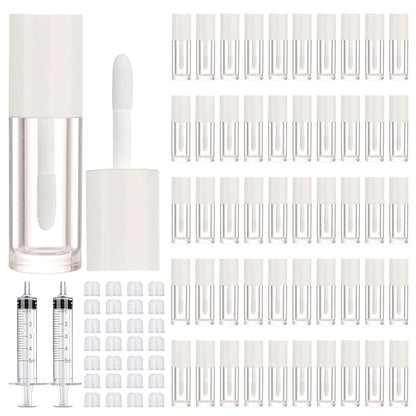 50pcs 2.5ml Empty Lip Gloss Containers Lip Gloss Tubes with Wand Cute 0.08oz Clear Refillable Lipgloss Making Supplies Kit for DIY Makeup + 2pcs Syringes (White)
