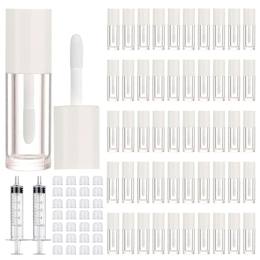 50pcs 2.5ml Empty Lip Gloss Containers Lip Gloss Tubes with Wand Cute 0.08oz Clear Refillable Lipgloss Making Supplies Kit for DIY Makeup + 2pcs Syringes (White)