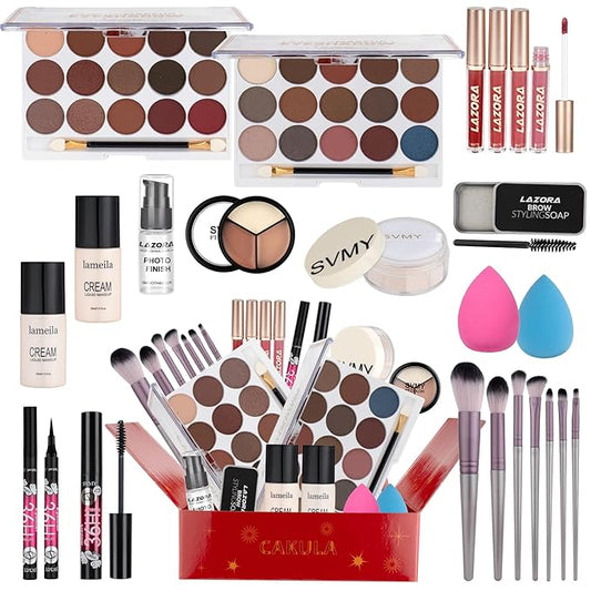 Women Full Kit Make up Kit Makeup Sets Women Includes Eyeshadow Palette Lip Gloss Liquid Lipstick Make up Sponge Brushes Eyebrow Concealer With Makeup Bag