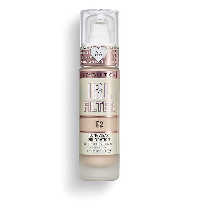 Revolution, IRL Filter Longwear Foundation, Soft & Breathable Formula, Medium to Full Coverage, Matte Finish, F2, 0.7 fl oz