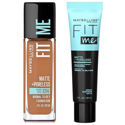 Maybelline Fit Me Matte + Poreless Liquid Foundation + Fit Me Mattifying Primer Makeup Bundle, Includes 1 Foundation in Coconut and 1 Primer