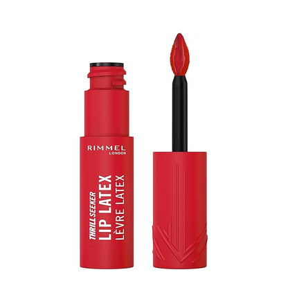 Rimmel Thrill Seeker Lip Latex, 400 Rimmel Red, Liquid Lipstick, Lipgloss, Lip Colour, Hyaluronic Lipstick, Lip Stain, Smooth Shine, Hydration, Hyaluronic Acid, Vitamin E, Aloe Vera, 0.2oz