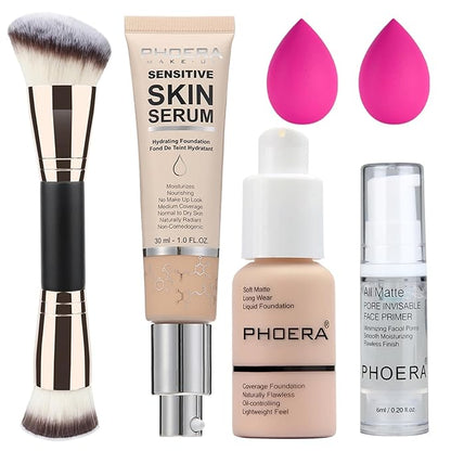 PHOERA Foundation Full Coverage,and Medium Coverage 2024 New PHOERA Foundation Makeup for Mature Skin, Wrinkles Matte Natural Finish for a Flawless Complexion (101+N02/ Porcelain+Nude)