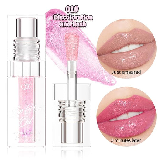 2PCS Magic Color Changing Lip Oil, Warm Change Moisturizing Lip Gloss Lip Oil Hydrating Lip Oil, Upgraded Long Lasting Nourishing Magic Big Brush Color Changing Lip Oil（Pink+Red）