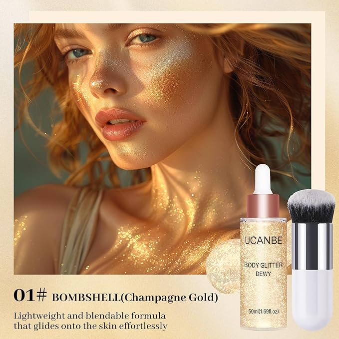 UCANBE Face Body Glitter Liquid Highlighter Illuminator Dewy Drops with Makeup Brush, Makeup Sparkle Shine Luminizer Enhancer Skin Tint 50ml/1.69oz (01 Champagne Gold, Standard)