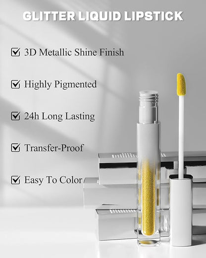 Gold Brown Metallic Liquid Lipstick, Non-Stick Cup Glitter Lip Gloss, High Pigmented Lip Color with Transfer-proof Wear, Long Lasting Waterproof Shimmer Sparkly Lipstick Cosplay Makeup for Women-05