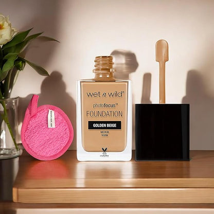 Photo Focus Matte Liquid Foundation, Golden Beige - Foundation Brush Compatible, Full Coverage, Infallible Formula | Bundled with Makeup Cleansing Cloth, Vegan & Cruelty-Free (Pack of 1)