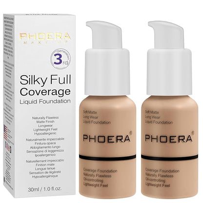 PHOERA Foundation, PHOERA Matte Liquid Foundation,PHOERA Makeup for Women, PHOERA Foundation Full Coverage Concealer, 30ml 24HR Matte Oil Control Concealer (104- Buff Beige*2)