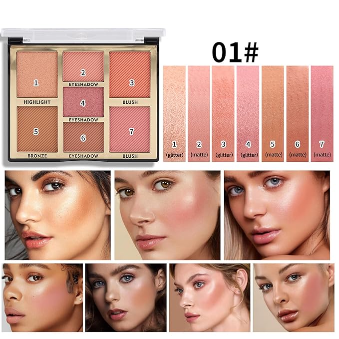Full Face Makeup Palette, 4 in 1 Small Nude Nake Makeup Palet with Highlight, Bronze, 3 Colors Eyeshdow, 2 Color Blush, Double Side Brush, Fine Silky Powder