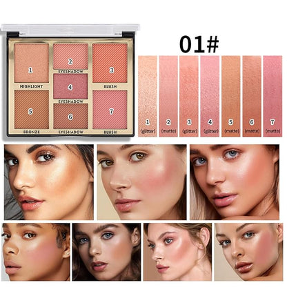 Full Face Makeup Palette, 4 in 1 Small Nude Nake Makeup Palet with Highlight, Bronze, 3 Colors Eyeshdow, 2 Color Blush, Double Side Brush, Fine Silky Powder