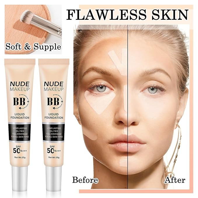 2PCS Full Coverage Concealer Foundation Set,Moisturizing BB Cream,Long Lasting Hydrating Lightweight CC Cream with Makeup Brush,Oil Control Face Moisturizer SPF 50 PA++++ Sunscreen（C）