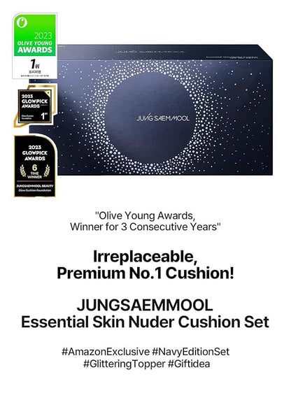 [JUNGSAEMMOOL OFFICIAL] Essential Skin Nuder Cushion Special Set (Medium Deep) | Nuder Cushion Navy Edition (Refill incl.) + Lip-Pression Glittering Topper + Navy Cushion Puffs (3pcs)