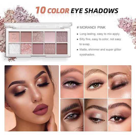 All in One Makeup Kit - Set for Women, Girls & Teens, Include 10 Colors Eyeshadow Palette, Lip Gloss, Eyebrow Eyeliner Pencil, Waterproof Mascara, 6 Pcs Brushes (Pink Kits)