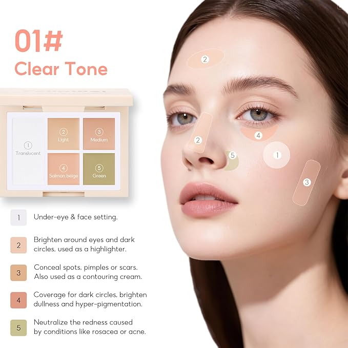 Color Corrector Palette for Dark Circles, Redness & Blemishes, Creamy Concealer + Setting Powder with Hydrating Ingredients, 12H Crease-Proof Wear, 01# Clear Tone