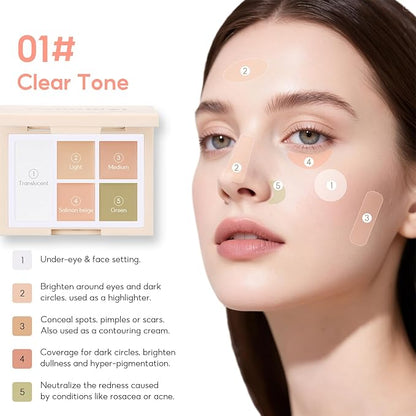 Color Corrector Palette for Dark Circles, Redness & Blemishes, Creamy Concealer + Setting Powder with Hydrating Ingredients, 12H Crease-Proof Wear, 01# Clear Tone