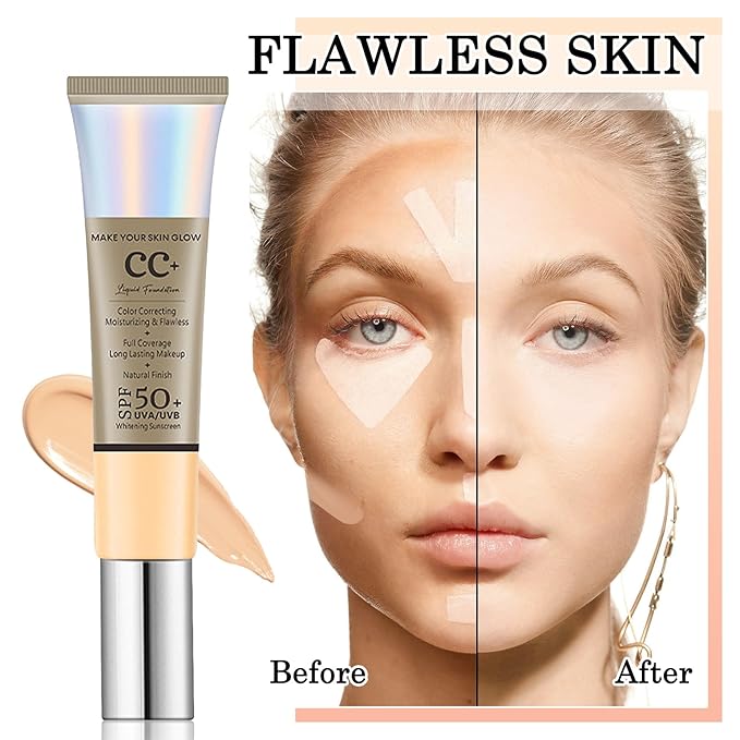 2PCS Full Coverage Concealer Foundation Set,Moisturizing BB Cream,Long Lasting Hydrating Lightweight CC Cream with Makeup Brush,Oil Control Face Moisturizer SPF 50 PA++++ Sunscreen（E）